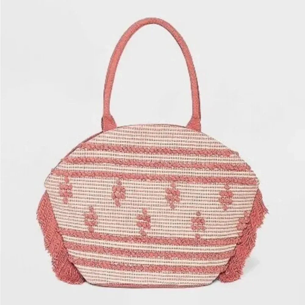 Shade & Shore Pink Straw Fringe Beach Tote Handbag
